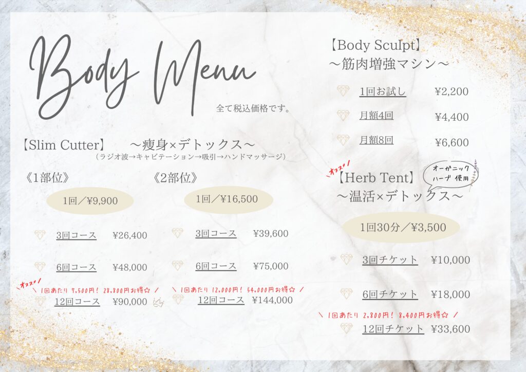 ボディメニュー料金表