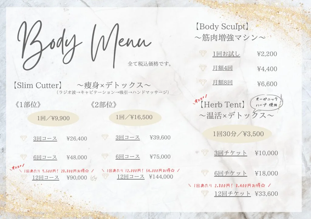 ボディメニュー料金表